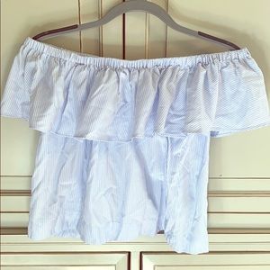 Blue and white striped, off the shoulder top